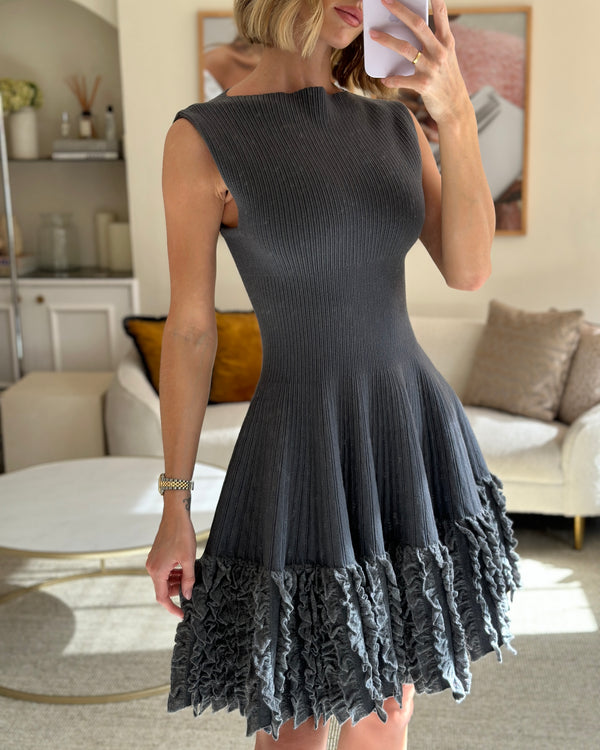 Alaia Grey Sleeveless Knitted Midi Dress with Ruffled Details Size IT 42 (UK 10)