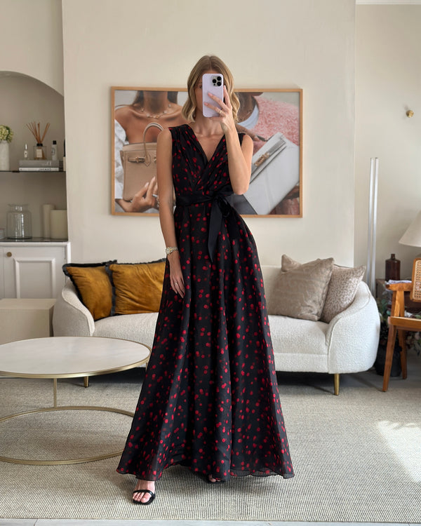 Carolina Herrera Black and Red Dotted Maxi Dress with Belt Size 2 (UK 6)