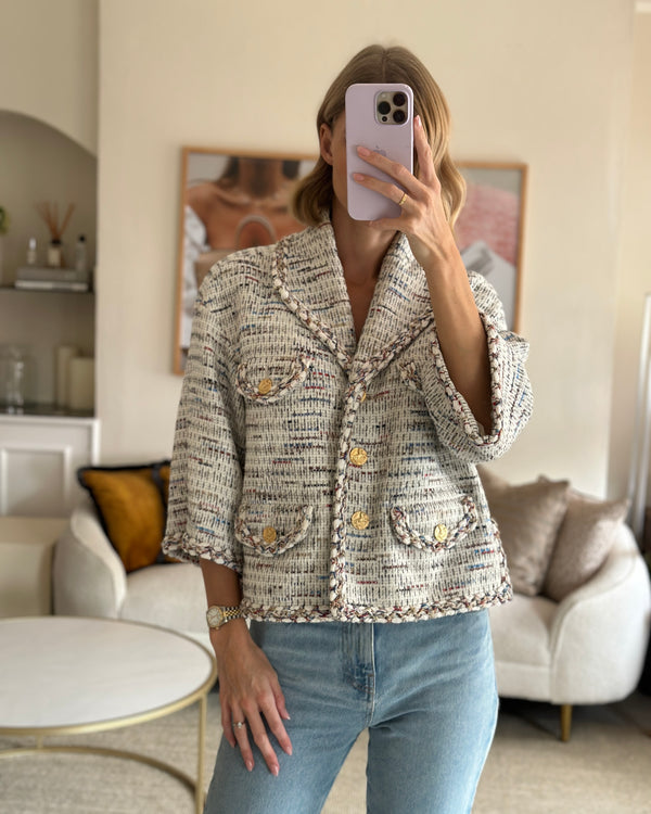 Chanel White Multi-Colour with Silver and Gold Metallic Thread Stripe Tweed Jacket Size FR 38 (UK 10)