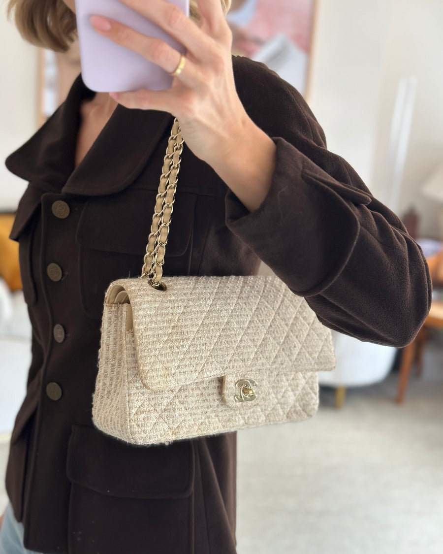 Chanel Medium Classic Double Flap Bag in Beige and Gold Tweed with