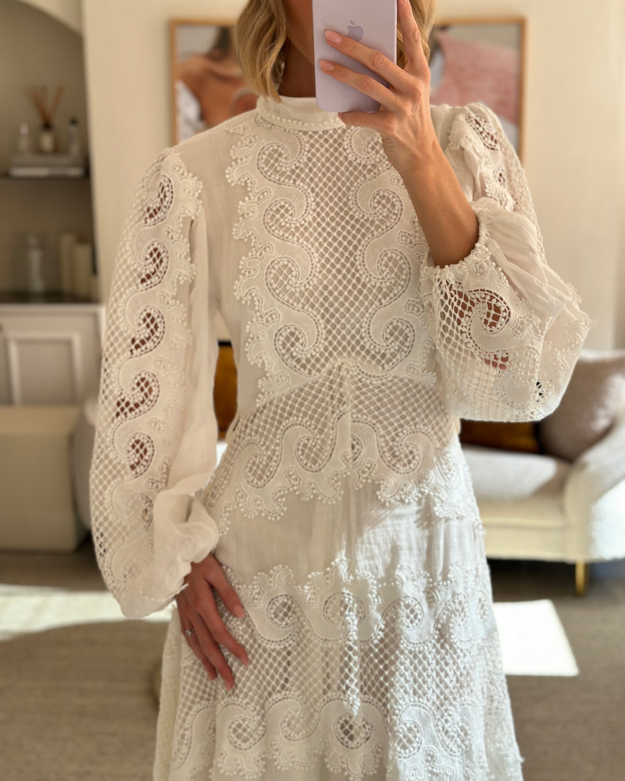 Ministry of Style White Maxi Long Sleeved Dress with Crochet Details Size UK 8