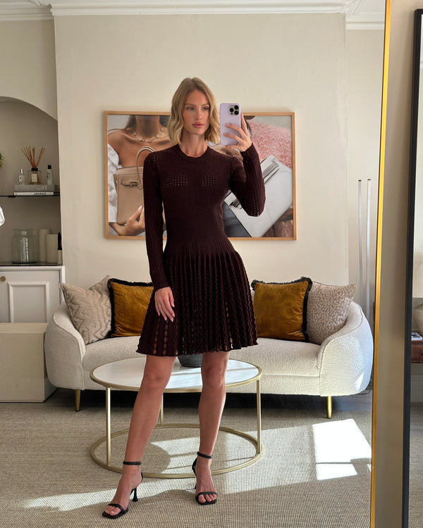 Alaïa Burgundy Laser Cut Midi Dress with Pleated Skirt Detail Size IT 40 (UK 8)