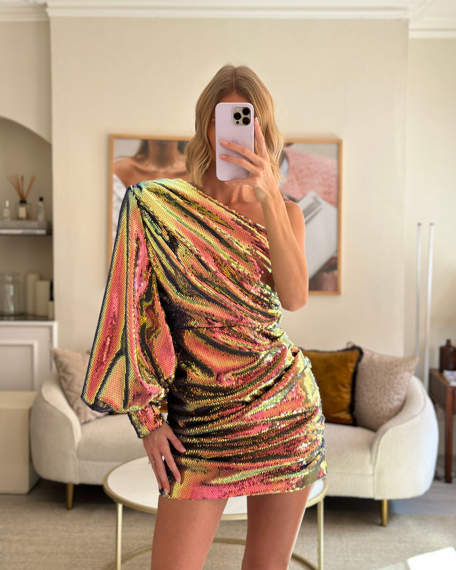 Alex Perry Multi-Coloured One Shoulder Sequin Dress Size UK 10