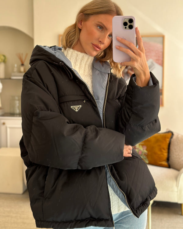 Prada Black Re-Nylon Puffer Jacket with Hood Size IT 44 (UK 12)