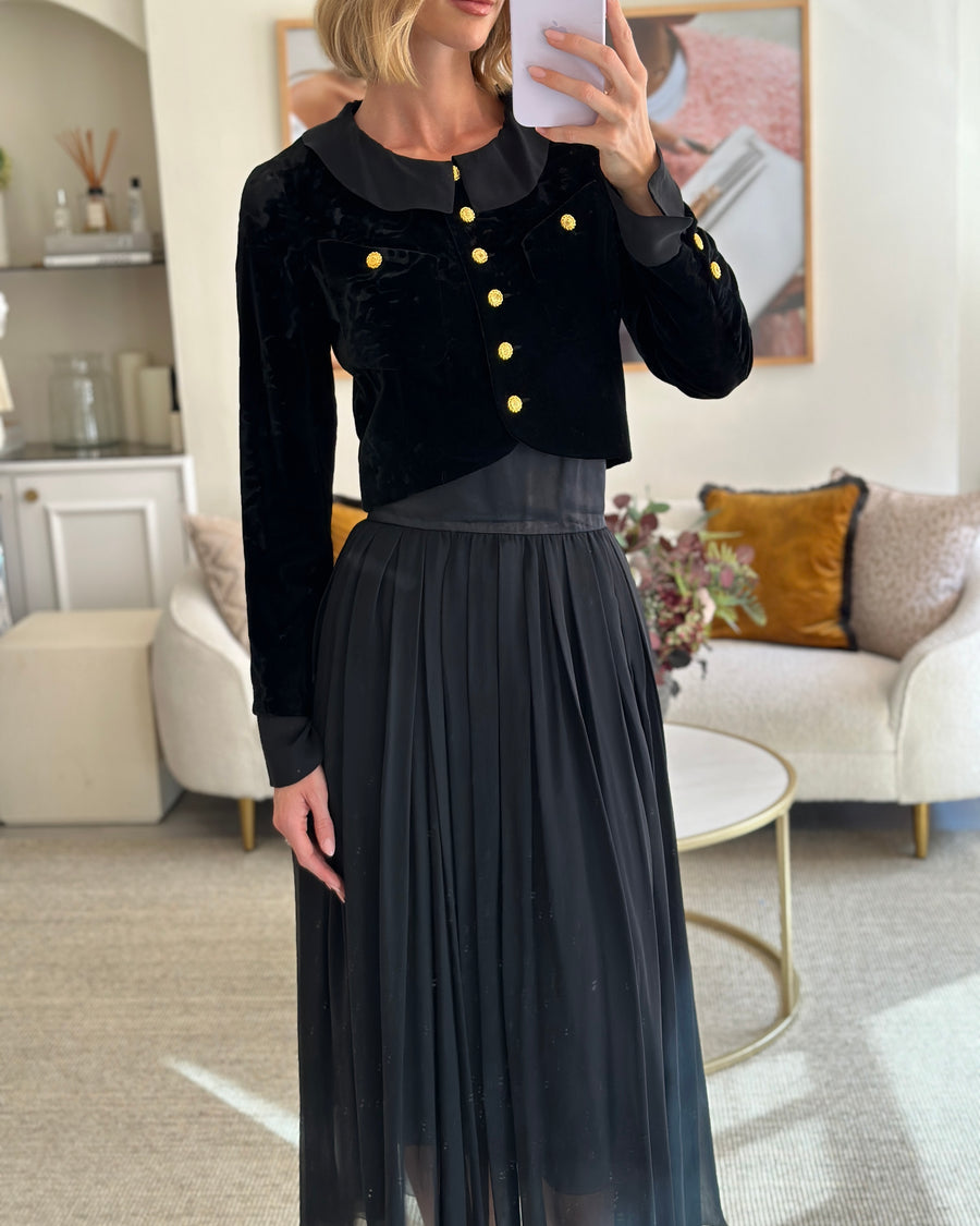 Chanel Vintage Black Pleated Mesh Skirt and Velvet Jacket Set Size