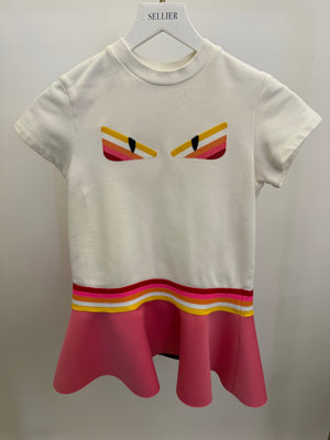 Fendi Kids White and Pink Mini Dress with Embroideries and FF Logo Lining Size 8 years RRP £400
