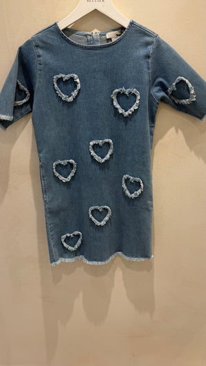 Stella McCartney Kids Light Blue Denim Short Sleeves Dress With Hearts Details Size 10 years