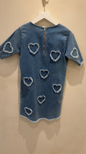 Stella McCartney Kids Light Blue Denim Short Sleeves Dress With Hearts Details Size 10 years
