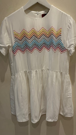 Missoni Kids White Short Sleeves Dress With Multicolour ZigZag and Sequins Details Size 10 years