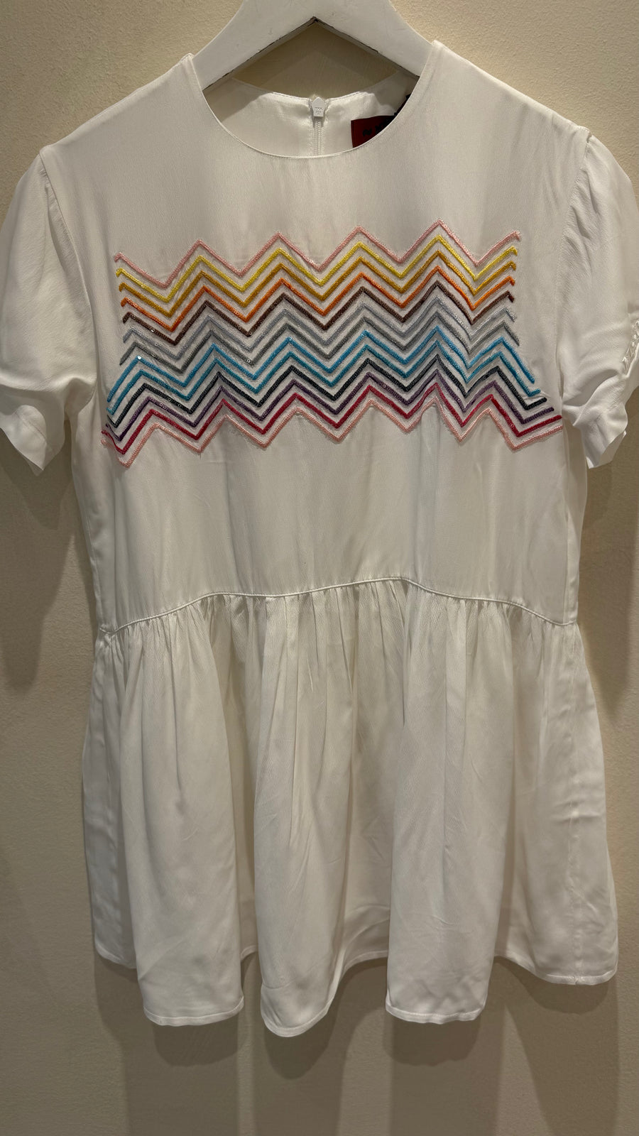 Missoni Kids White Short Sleeves Dress With Multicolour ZigZag and Sequins Details Size 10 years