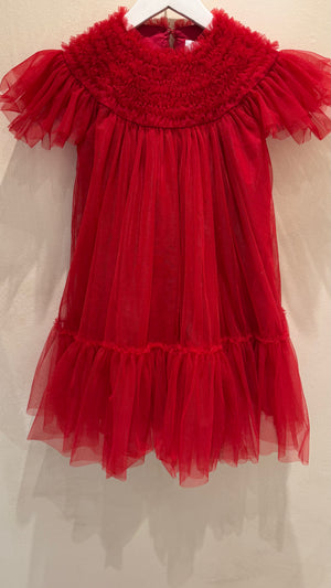 C'era Una Volta Kids Red Ruched Short Sleeve Mesh Dress Size 6 years