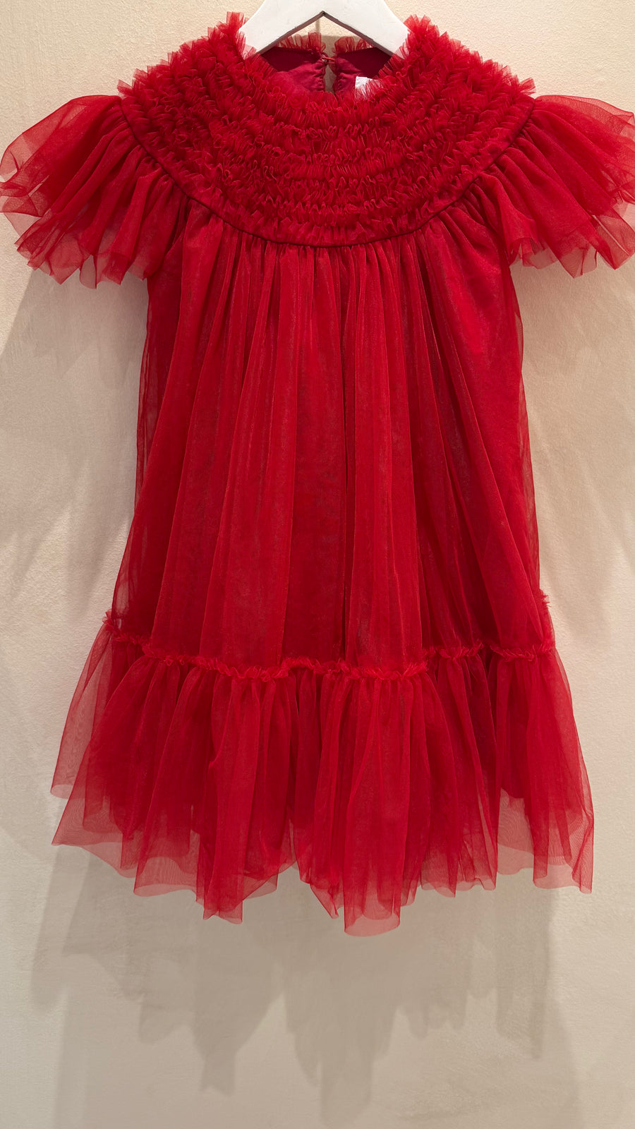 C'era Una Volta Kids Red Ruched Short Sleeve Mesh Dress Size 6 years