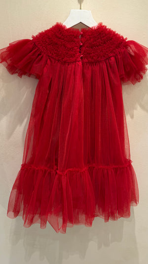 C'era Una Volta Kids Red Ruched Short Sleeve Mesh Dress Size 6 years
