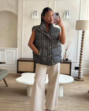 Celine Black and Beige Sleeveless Puffer Jacket with Logo Prints Size XS (UK 6)