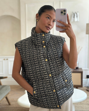Celine Black and Beige Sleeveless Puffer Jacket with Logo Prints Size XS (UK 6)