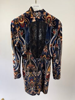 Dundas Velvet & Lace Paisley Print Long Sleeve Dress with Front Belt Detail IT 42 (UK 10)