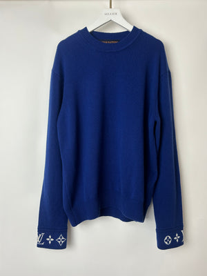 Louis Vuitton Menswear Blue Cashmere Jumper with White Logo Cuff Detail Size S (UK36/38)
