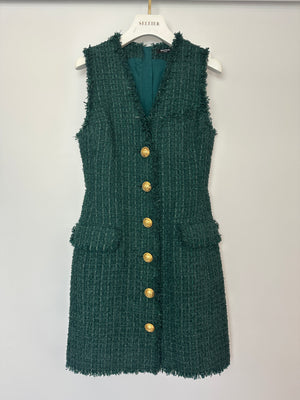 Balmain Green Sleeveless Tweed button Down V-Neck Mini Dress Size FR 38 (UK 10)