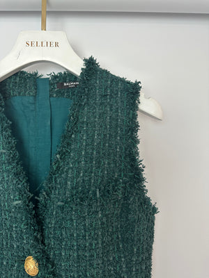 Balmain Green Sleeveless Tweed button Down V-Neck Mini Dress Size FR 38 (UK 10)