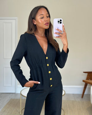 Gucci Black Long-Sleeve V-Neck Jumpsuit with Gold Button Detail Size IT 38 (UK 6)