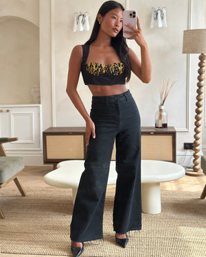 Versace Black Sleeveless Bustier Top with Baroque Print Detail Size IT 36 (UK 4)