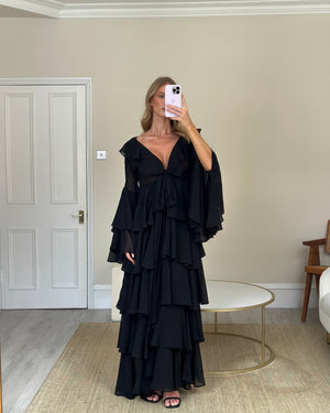 Norma Kamali Black Side-Slit Ruffled Chiffon Maxi Dress Size S (UK 8)