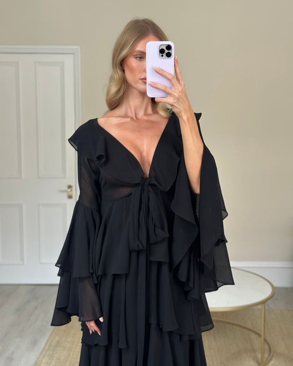 Norma Kamali Black Side-Slit Ruffled Chiffon Maxi Dress Size S (UK 8)