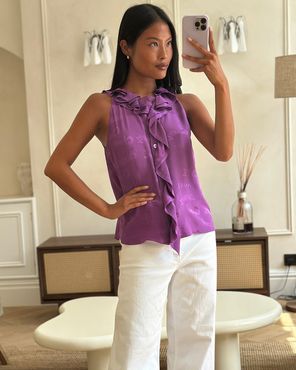 Chanel 22P Purple Silk Sleeveless Button Down Top with Ruffle Neckline and Logo Detail Size FR 38 (UK 10)