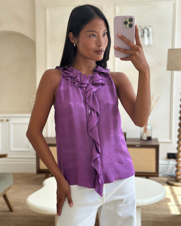 Chanel 22P Purple Silk Sleeveless Button Down Top with Ruffle Neckline and Logo Detail Size FR 38 (UK 10)