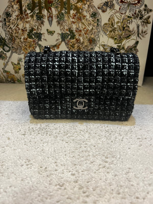 Chanel Black, Turquoise & Silver Tweed Mini Rectangular Classic Flap Bag with Silver Hardware