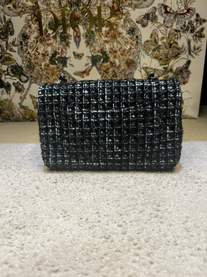 Chanel Black, Turquoise & Silver Tweed Mini Rectangular Classic Flap Bag with Silver Hardware