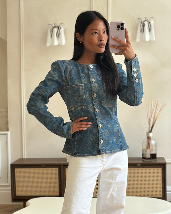 Chanel 21/A Flower Printed Denim Jacket with Silver CC Button Details Size FR 38 (UK 10)