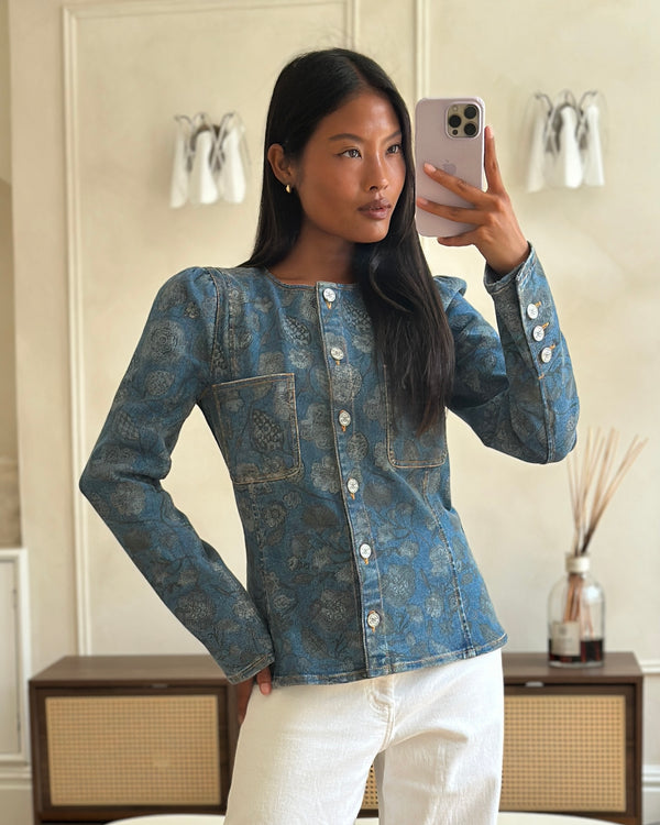 Chanel 21/A Flower Printed Denim Jacket with Silver CC Button Details Size FR 38 (UK 10)