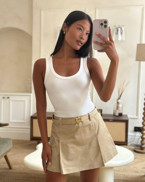 Miu Miu Beige Chino Pleated Skirt with Gold "MIU MIU" Buckle Detail Size IT 38 (UK 6) RRP - £1,240