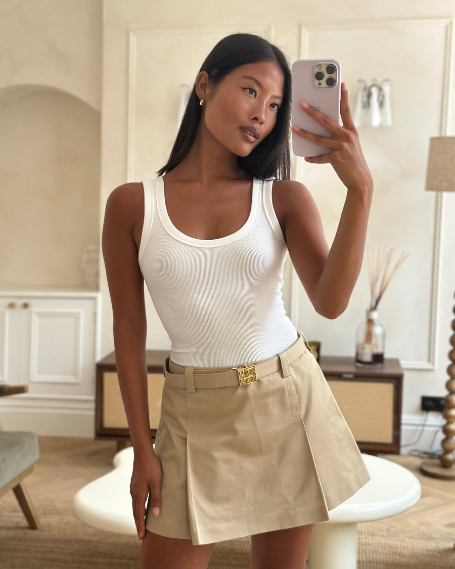 Miu Miu Beige Chino Pleated Skirt with Gold "MIU MIU" Buckle Detail Size IT 38 (UK 6) RRP - £1,240