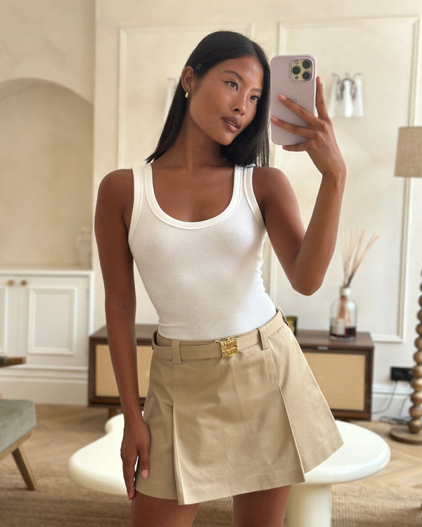 Miu Miu Beige Chino Pleated Skirt with Gold "MIU MIU" Buckle Detail Size IT 38 (UK 6) RRP - £1,240