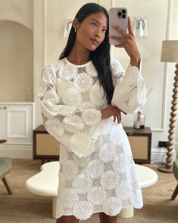 Zimmermann White Crochet Long Sleeve Sheer Mini Dress Size 0 (UK 8)