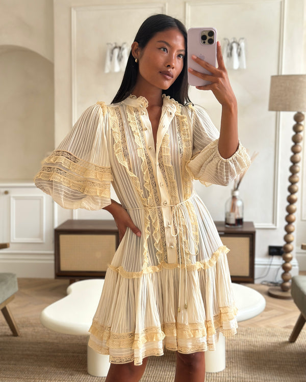 Zimmermann Cream Viscose Long-Sleeve Midi Dress with Ruffle Details Size 1 (UK 10)