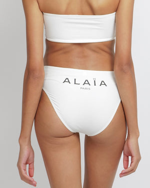 Alaia White Two-Piece Bikini with Bandeau Top and Black Logo Print Size FR 38 (UK 10) RRP £650