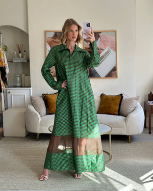 Fendi Green and Brown Silk Checked Maxi Dress with Logo Buttons Size IT 42 (UK 10) RRP £2,250