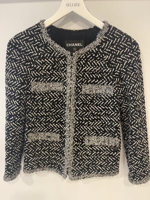 Chanel Black, White, and Silver Metallic Tweed Jacket with CC Logo Detail Size FR 36 (UK 8)