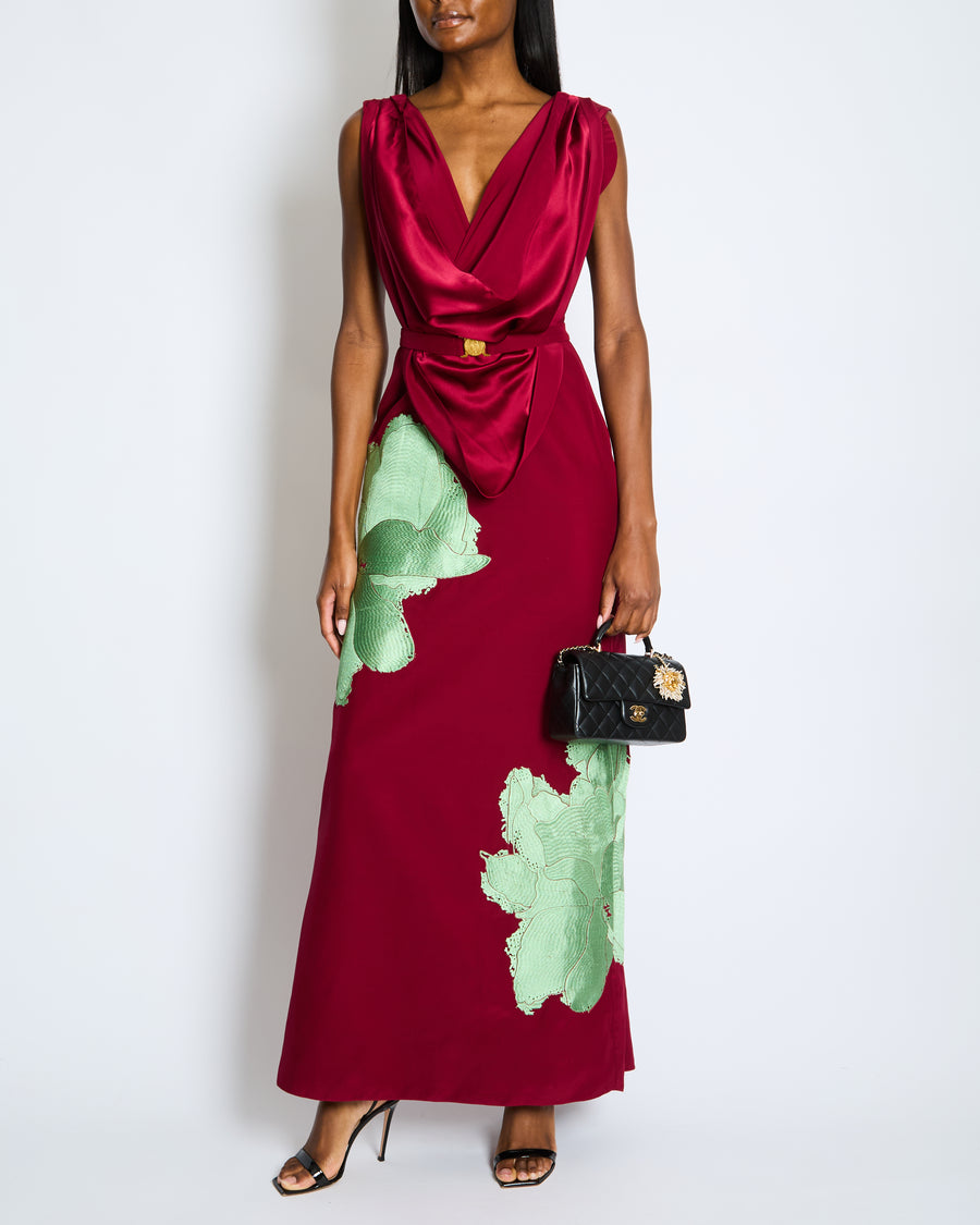 Johanna Ortiz Burgundy Silk with Green Embroidered Flower Draped Neckline Maxi Dress with Belt US 4 (UK 8)