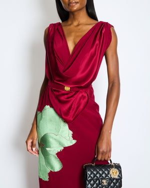 Johanna Ortiz Burgundy Silk with Green Embroidered Flower Draped Neckline Maxi Dress with Belt US 4 (UK 8)