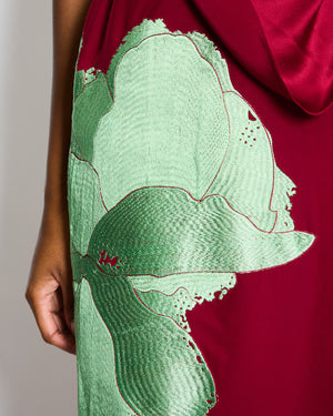 Johanna Ortiz Burgundy Silk with Green Embroidered Flower Draped Neckline Maxi Dress with Belt US 4 (UK 8)