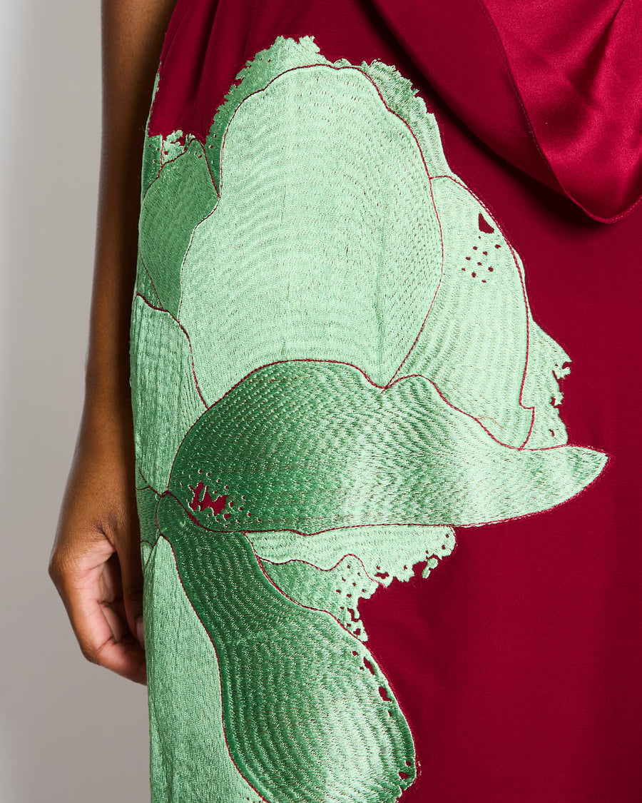 Johanna Ortiz Burgundy Silk with Green Embroidered Flower Draped Neckline Maxi Dress with Belt US 4 (UK 8)