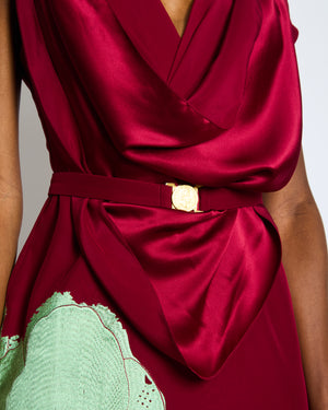 Johanna Ortiz Burgundy Silk with Green Embroidered Flower Draped Neckline Maxi Dress with Belt US 4 (UK 8)