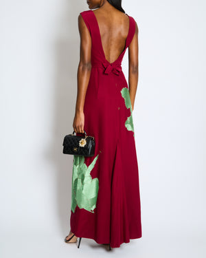 Johanna Ortiz Burgundy Silk with Green Embroidered Flower Draped Neckline Maxi Dress with Belt US 4 (UK 8)