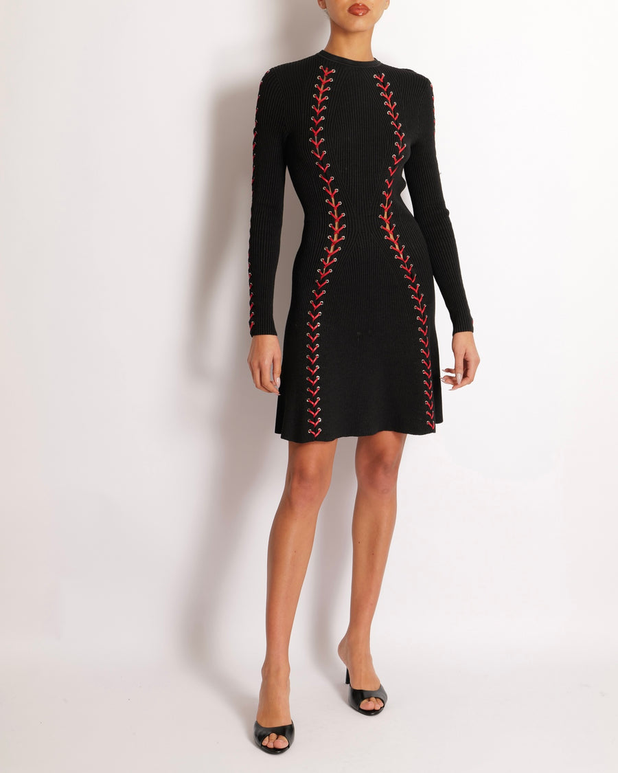 Alexander McQueen Fall 2017 Black Knit Ribbed Mini Dress with Red Leat Sellier Alexander McQueen Fall 2017 Black Knit Ribbed Mini Dress with Red Leat Sellier