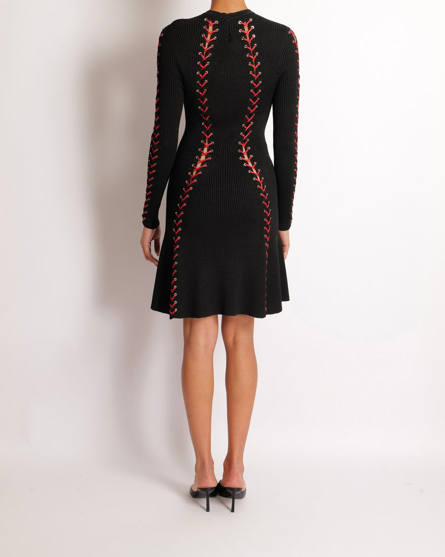 Alexander McQueen Fall 2017 Black Knit Ribbed Mini Dress with Red Leather Tie Details Size S (UK 8) RRP £2,800