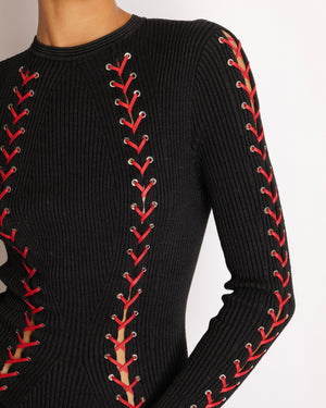 Alexander McQueen Fall 2017 Black Knit Ribbed Mini Dress with Red Leather Tie Details Size S (UK 8) RRP £2,800